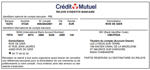 Association Les 2 Pieds Sur Terre - RIB Crédit Mutuel